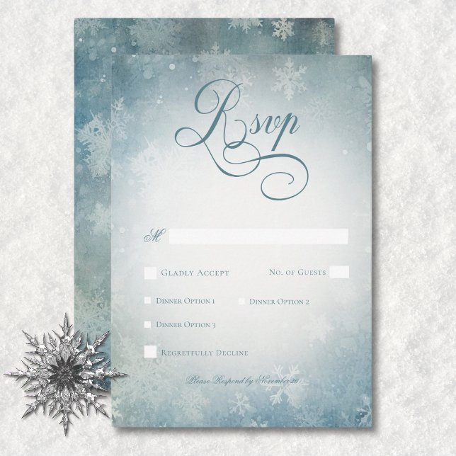 Cartons Réponse Dîner romantique Falling Snow Blue & White Mariage (Romantic Falling Snow Blue & White Wedding Dinner RSVP Card)