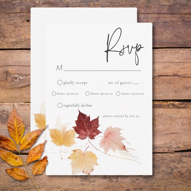 Cartons Réponse Dîner Rustique Délicieuse Burgundy & Rust Fall Lea (Rustic Delicate Burgundy & Rust Fall Leaves Dinner RSVP Card)