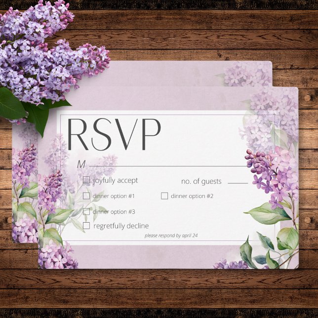 Cartons Réponse Dîner Rustique Romantique Violet & Sage Lilacs (Rustic Romantic Purple & Sage Lilacs Dinner RSVP Card)