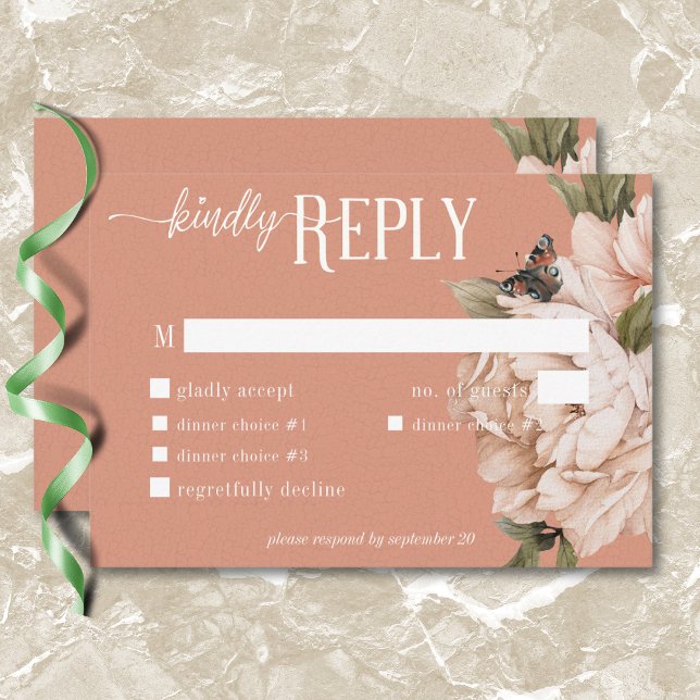 Cartons Réponse Dîner vintage Rustique Rust & Peach Peonies (Vintage Rustic Rust & Peach Peonies Dinner RSVP Card)