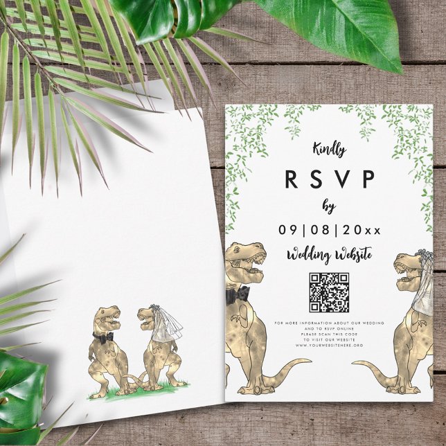 Cartons Réponse Dinosaur Mariage Répondre Site Web QR Code (T-Rex bride and groom dinosaur wedding invitation online RSVP website qr code enclosure card)