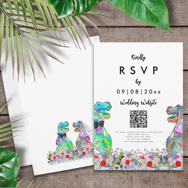 Cartons Réponse Dinosaur Thème Mariage Site Web QR Code (Colorful dinosaur themed wedding online RSVP QR code enclosure card)