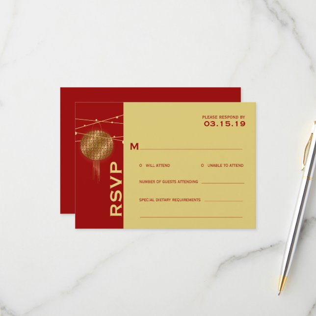 Cartons Réponse Double Bonheur Golden Lanterns Mariage chinois (Devant/Arrière en situation)