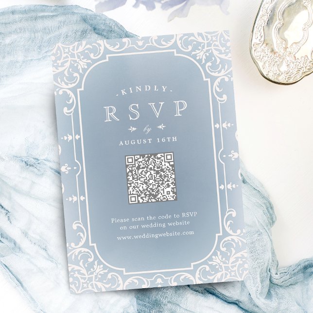 Cartons Réponse Dusty bleu élégant code QR vintage (Dusty blue elegant romantic vintage QR code RSVP Card)