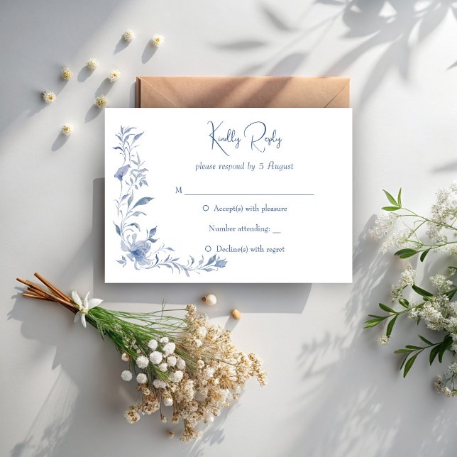 Cartons Réponse Dusty bleu floral vert ruban élégant mariage (Dusty blue vintage floral greenery ribbon elegant wedding RSVP cards wedding invitation suite)