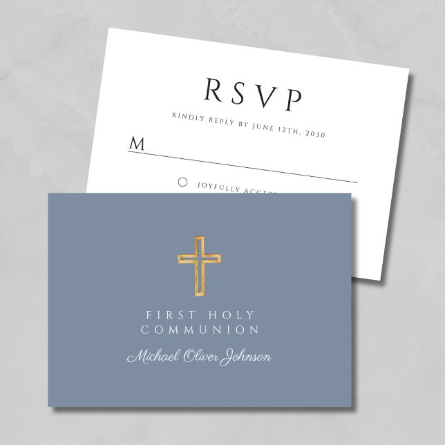 Cartons Réponse Dusty Blue Boy Croix religieuse Première communion (Dusty Blue Boy Religious Cross First Communion RSVP Card)