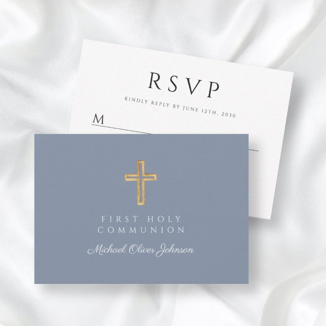 Cartons Réponse Dusty Blue Boy Croix religieuse Première communion (Dusty Blue Boy Religious Cross First Communion RSVP Card)