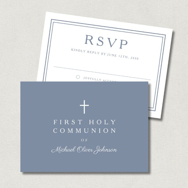 Cartons Réponse Dusty Blue Cross Boy First Holy Communion  (Dusty Blue Cross Boy First Holy Communion RSVP Card)