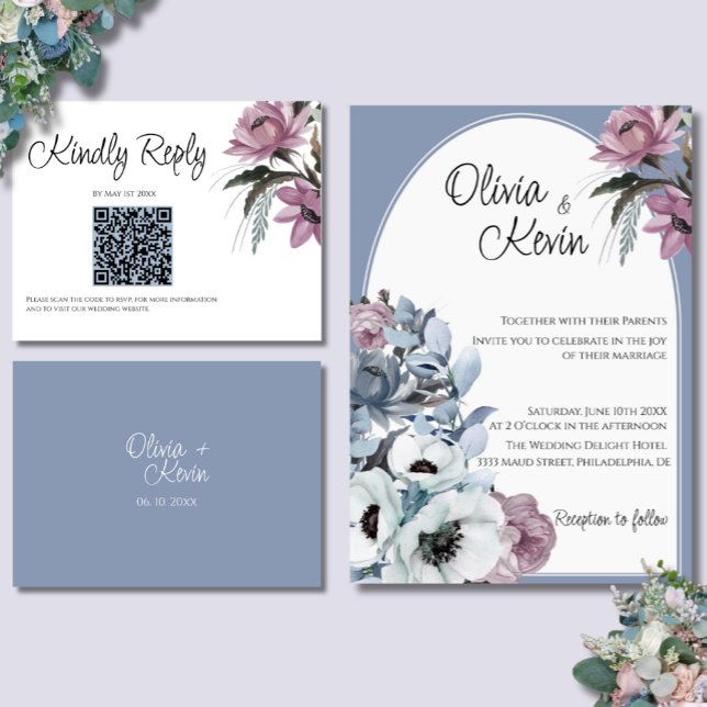 Cartons Réponse Dusty Blue et rose Floral moderne Mariage QR Code (Créateur téléchargé)