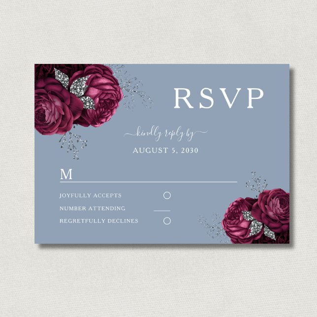 Cartons Réponse Dusty Blue Floral Burgundy Peonies Élégant Mariage (Elegant Floral Dusty Blue Burgundy Wedding RSVP Card)