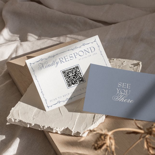 Cartons Réponse Dusty Blue Floral Old Money QR Code Wedding (Créateur téléchargé)