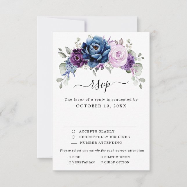Cartons Réponse Dusty Blue Purple Navy Lilac Blooms Mariage (Devant)
