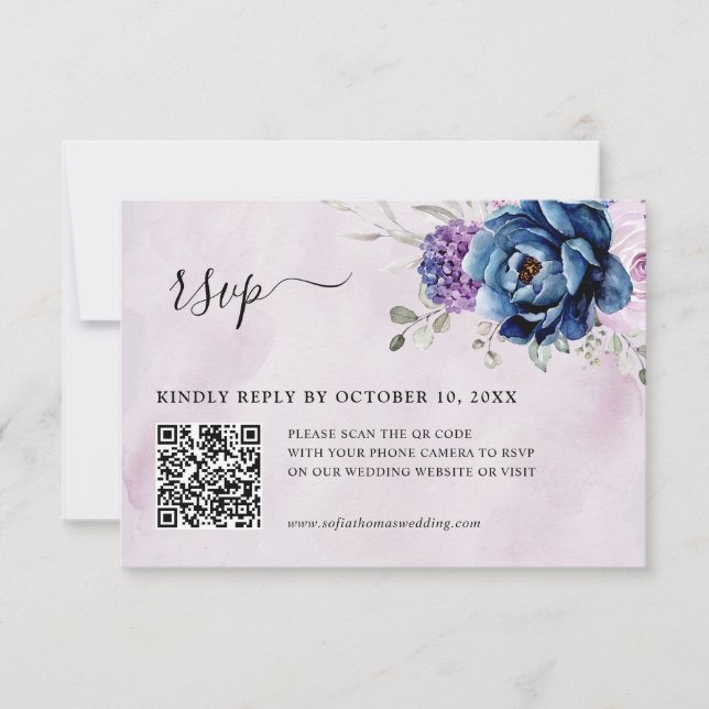 Cartons Réponse Dusty Blue Purple Navy Lilac Blooms Mariage QR (Devant)