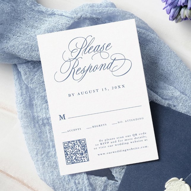 Cartons Réponse Dusty Blue Romantic Calligraphie Mariage QR Code (Créateur téléchargé)