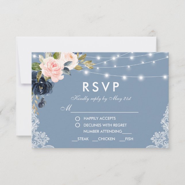 Cartons Réponse Dusty Blue Rose Floral Lights Repas Mariage (Devant)