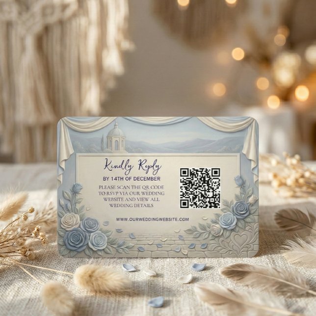 Cartons Réponse Dusty Blue Rose Romantic Wedding QR Code  (Créateur téléchargé)