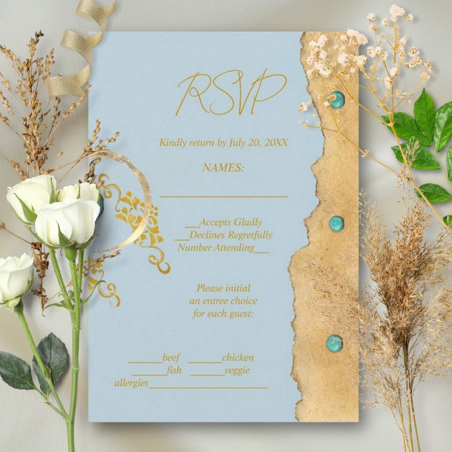 Cartons Réponse Dusty Blue Rustic Boho Gold Turquoise Wedding (Créateur téléchargé)