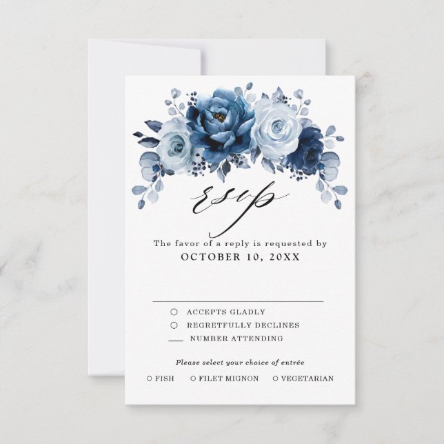 Cartons Réponse Dusty Blue Slate Navy Floral Botanal Mariage (Devant)