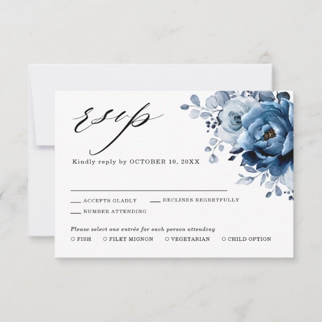 Cartons Réponse Dusty Blue Slate Navy Floral Botanal Mariage RSV (Devant)