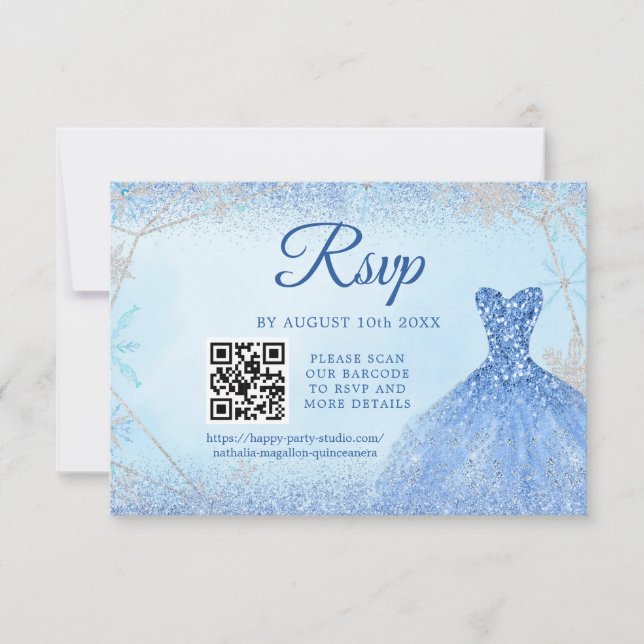 Cartons Réponse Dusty Blue Snowflake Noël Quinceañera 15e QR (Devant)