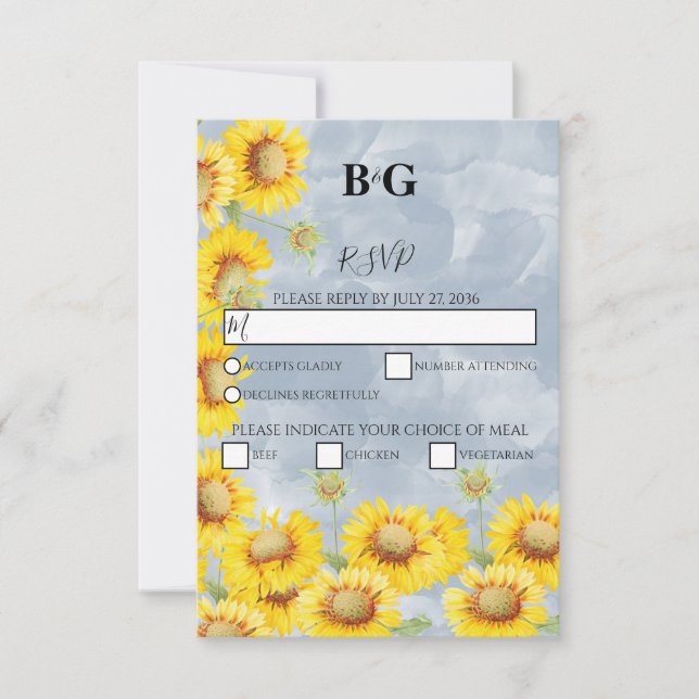 Cartons Réponse Dusty Blue Watercolor Sunflowers Monogram Mariage (Devant)