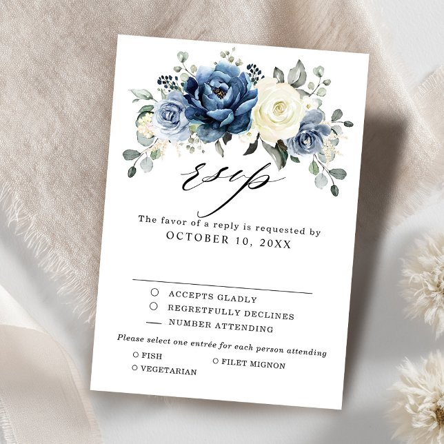 Cartons Réponse Dusty Blue White Floral Mariage Répondre Repas Cho (Dusty Blue White Floral Wedding Reply | Meal Choice RSVP Card)