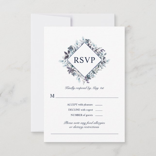 Cartons Réponse Dusty Navy Blue Watercolor Floral Mariage (Devant)