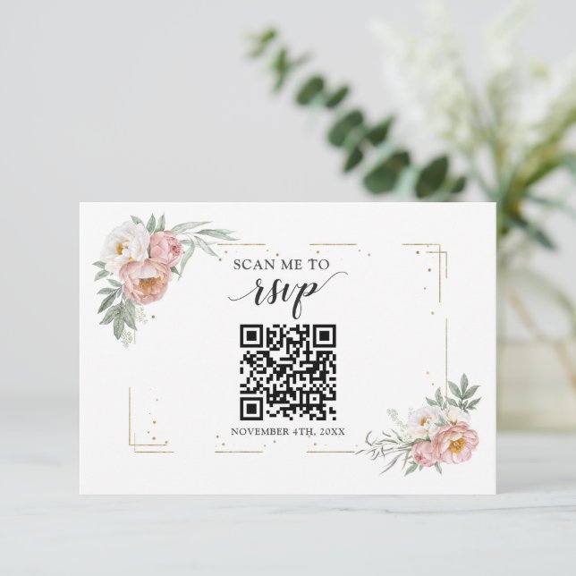 Cartons Réponse Dusty Rose Floral QR Code Ajouter votre Mariage d' (Debout devant)