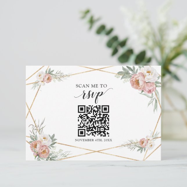 Cartons Réponse Dusty Rose Floral QR Code Ajouter votre Mariage d' (Debout devant)