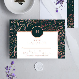 Cartons Réponse Dusty Rose Gold Emerald Monogram Wreath Mariage
