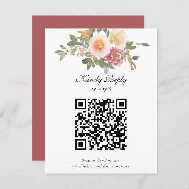 Cartons Réponse Dusty Rose Mariage élégant Floral QR Code en ligne (Devant / Derrière)