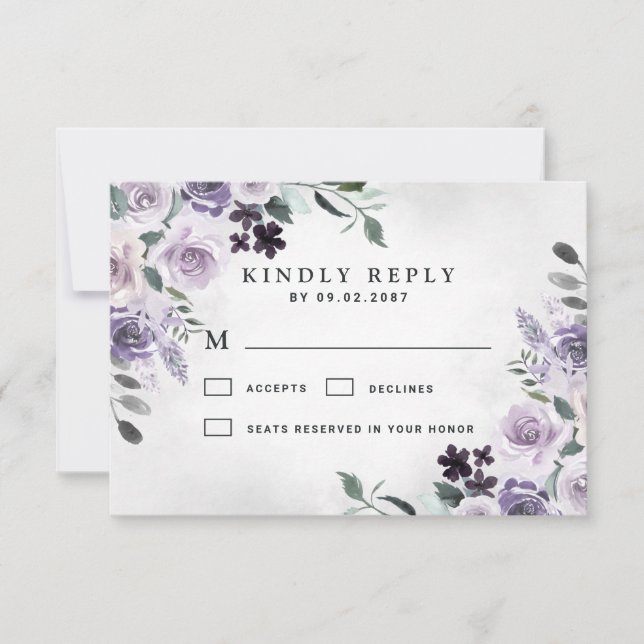 Cartons Réponse Dusty violet et gris argenté Floral Mariage rustiq (Devant)