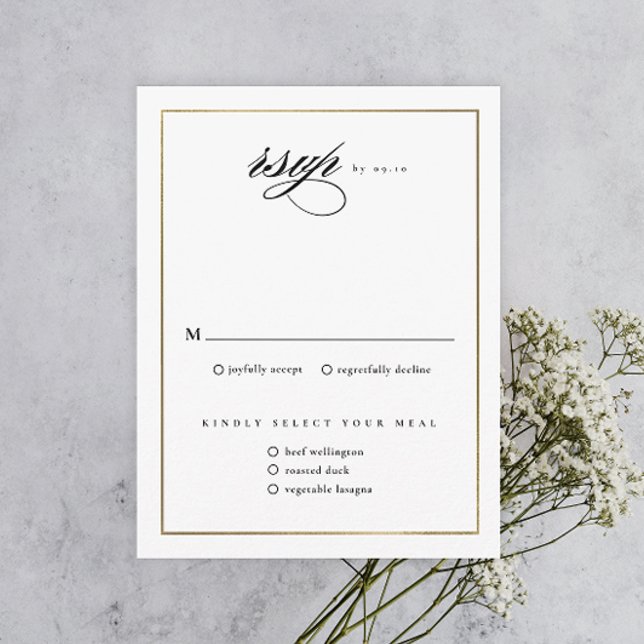 Cartons Réponse Écriture Élégante Classique Mariage Or (Elegant calligraphy wedding invitation RSVP enclosure card.)