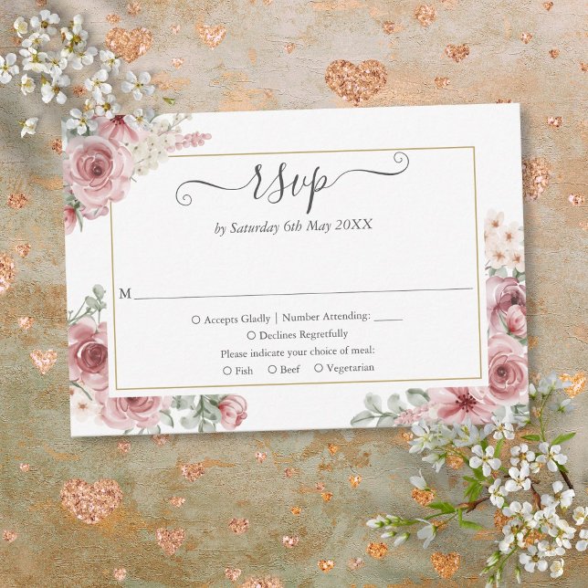 Cartons Réponse Écriture Florale Rose Poussiéreuse Élégante (Dusty Rose Floral Elegant Script RSVP Card)