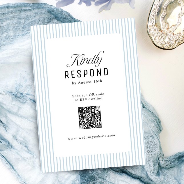 Cartons Réponse Élégance rayée bleu poussiéreux Code QR Mariage (Dusty Blue Striped Elegance Classy QR Code Wedding RSVP Card)