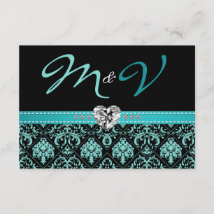 Cartons Réponse Elégant Aqua bleu et noir Damas avec diamants