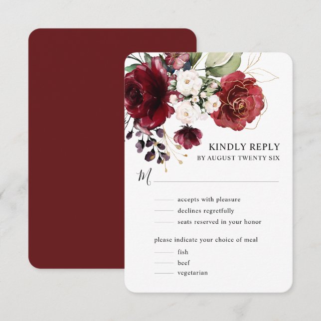 Cartons Réponse Élégant aquarelle floral bordeaux or avec repas (Devant / Derrière)