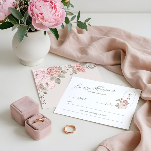 Cartons Réponse Elégant aquarelle rose pivoine monogramme floral (Elegant Watercolor Pink Peony Floral Monogram RSVP Card)