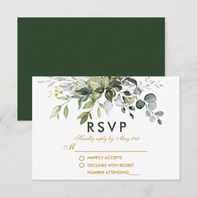 Cartons Réponse Élégant Aquarelle Vert Doré Mariage (Devant / Derrière)