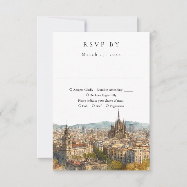 Cartons Réponse Elegant Barcelona Skyline Watercolor Wedding (Devant)