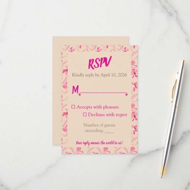 Cartons Réponse Elegant Beige & Blush Pink Floral Wedding  (Devant/Arrière en situation)