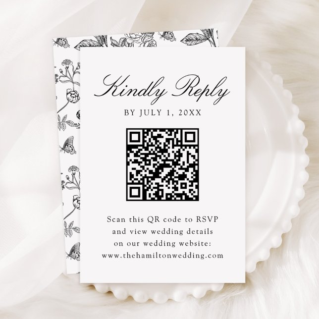 Cartons Réponse Elégant Black Chinoiserie Floral Mariage QR Code (Créateur téléchargé)