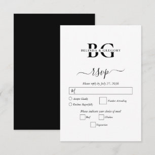 Cartons Réponse Élégant blanc et noir Mariage des initiales de mon
