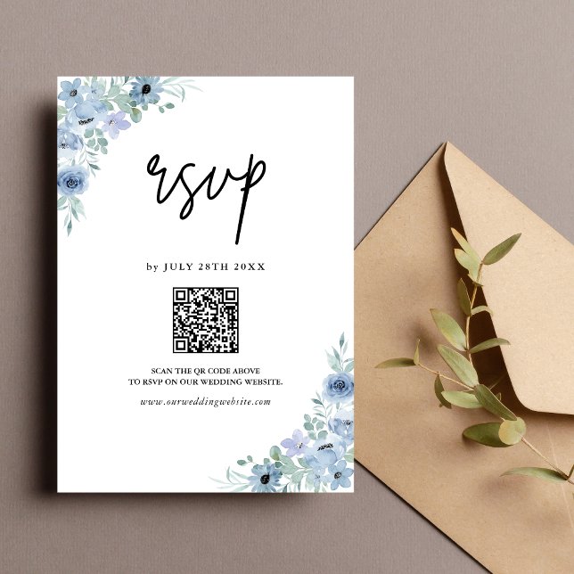 Cartons Réponse Elégant bleu bleu bleu floral QR Code Mariage (Créateur téléchargé)