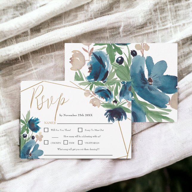 Cartons Réponse Elégant bleu doré Floral Aquarelle Mariage (Elegant dusty blue gold Floral Watercolor Wedding RSVP Card)