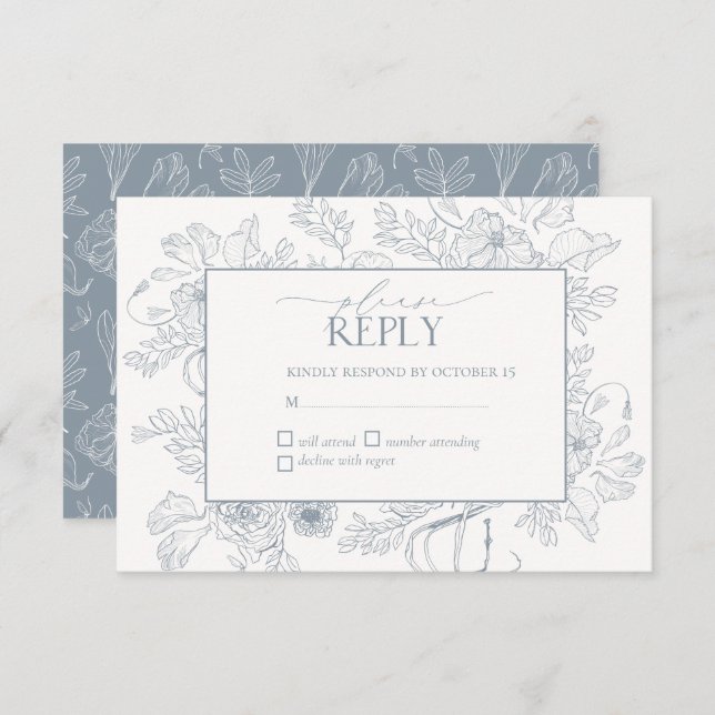 Cartons Réponse Elégant bleu Dusty Floral Line Mariage Art (Devant / Derrière)