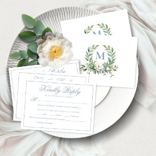 Cartons Réponse Élégant Bleu Floral Crest Monogramme Mariage