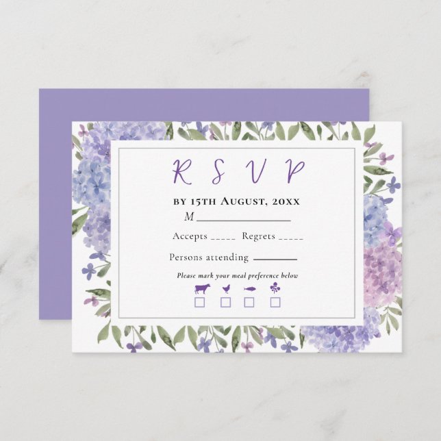 Cartons Réponse Elégant bleu Lilac Aquarelle Hydrangeas Mariage (Devant / Derrière)