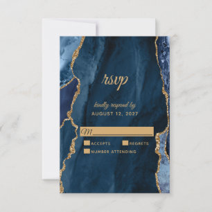 Cartons Réponse Élégant Bleu Nuit Or Feuille Agate Mariage