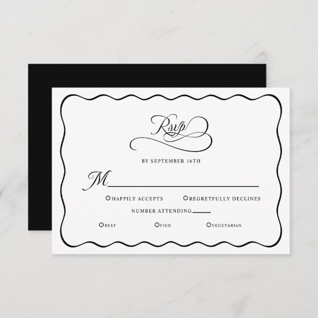 Cartons Réponse Élégant bloc de mariage Wavy Frame noir (Devant / Derrière)